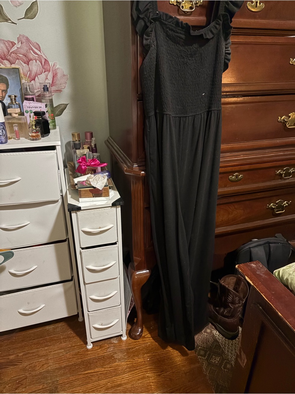 Black Women's Jumpsuit - Smocked Bodice with Ruffle Straps